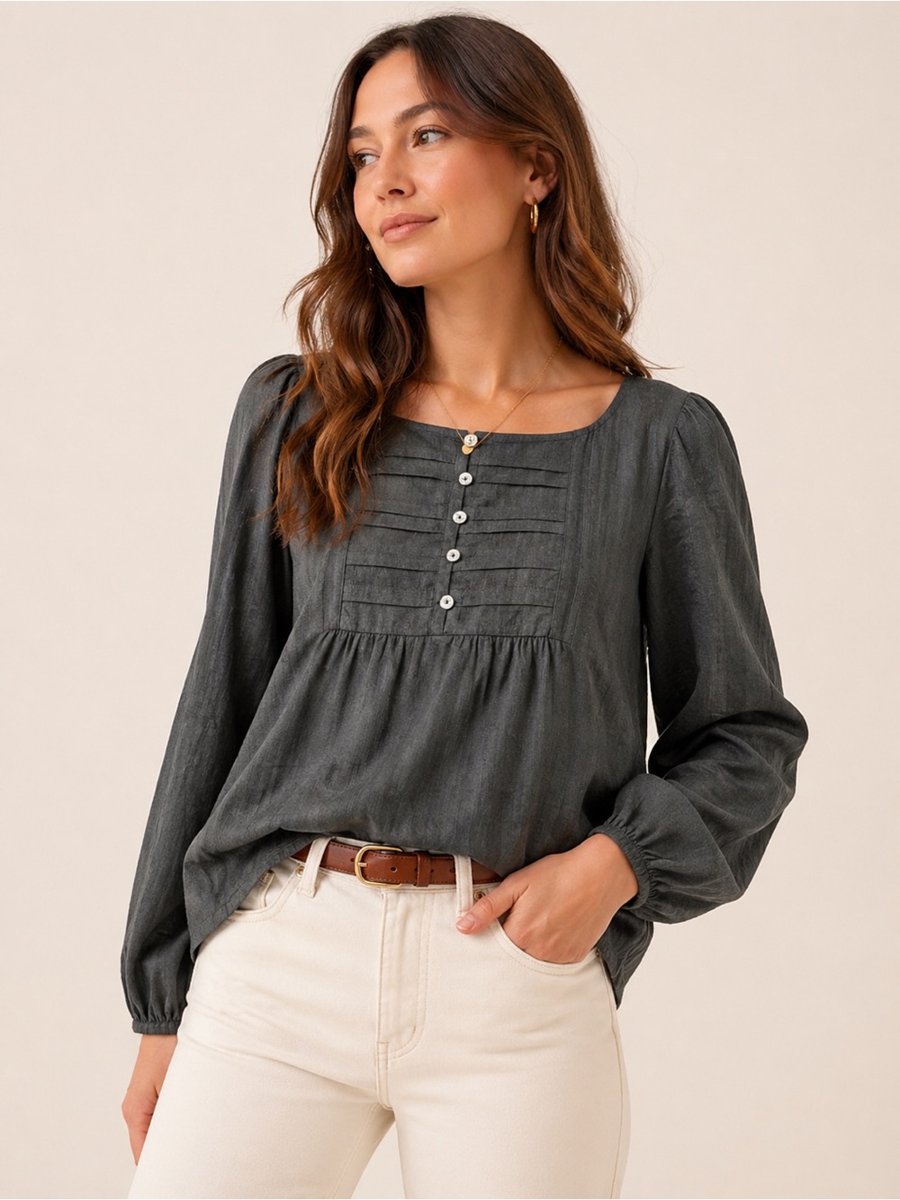 Lucky Brand Olive Green Textured Babydoll Blouse | Boho Cottagecore Peasant Top